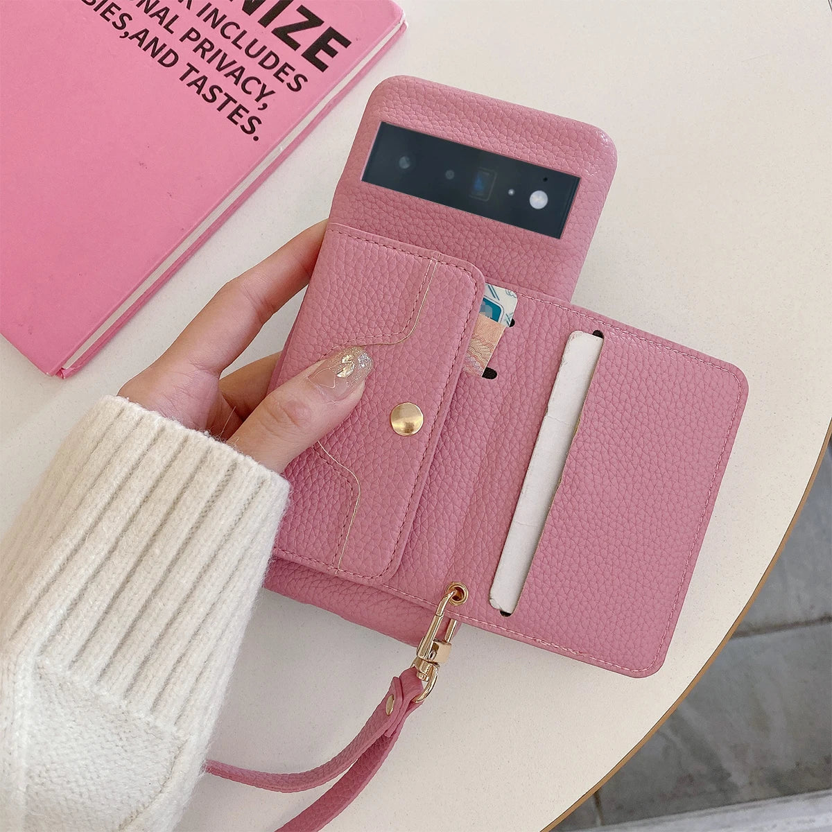 Luxury Litchi Peel Pattern PU Leather Case For Google Pixel 8 7 6 Pro 4 XL Small Mirror Card Holder Lanyard Wallet Cover