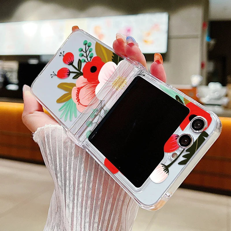 Flower Pattern Folding Case For Samsung Galaxy Z Flip7 FE Flip7 Flip6 Clear Shockproof Cover For Samsung Galaxy Z Flip 7 6 5 4 3