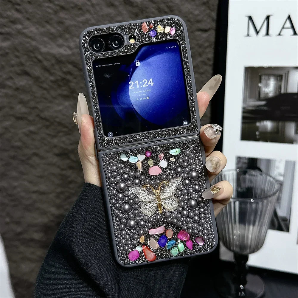Original Slim Butterfly Jewelled Phone Case For Samsung Galaxy Z Flip 7 6 5 4 3 5G PC Hard Shell Shockproof Protector Back Cover