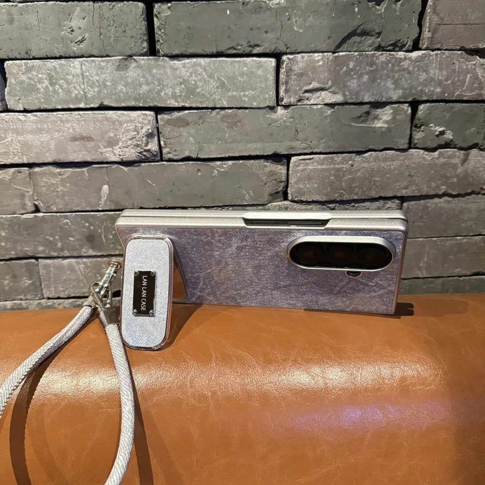 With Bracket Lanyard Phone Case For Samsung Galaxy Z Fold 7 6 5 4 3 Silver Luxury Leather Brief Shockproof Cover For Fold7 6