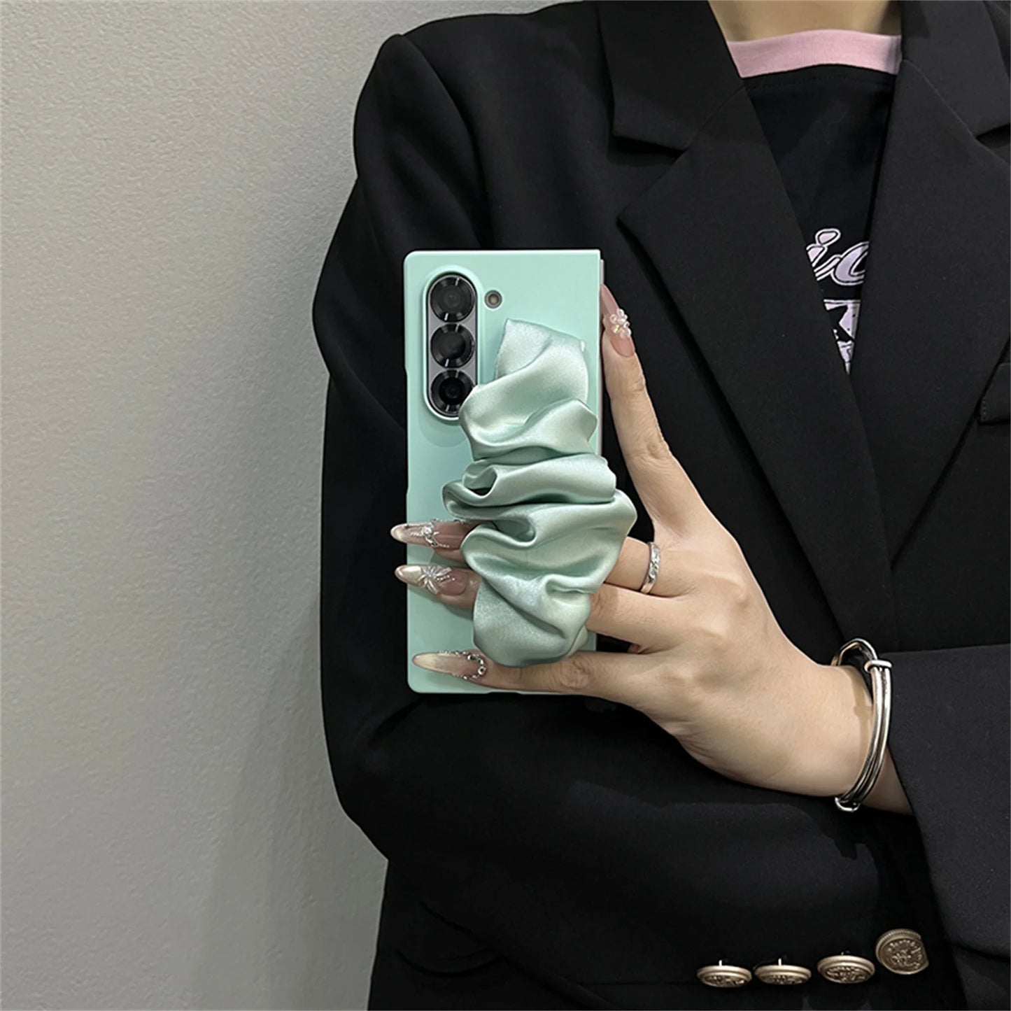 Senior Classic Korean Solid Color Phone Case with Silk Scarf Wristband for Samsung Galaxy Z Fold7 Z Fold6 Z Fold5 ZFold4 3 Cover