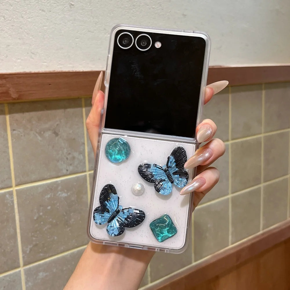 Black Blue Butterfly Glitter Transparent Case for Samsung Galaxy Z Flip 8 7 6 5 flip 7FE zflip8 Resin Dripping Pearl Clear Cover