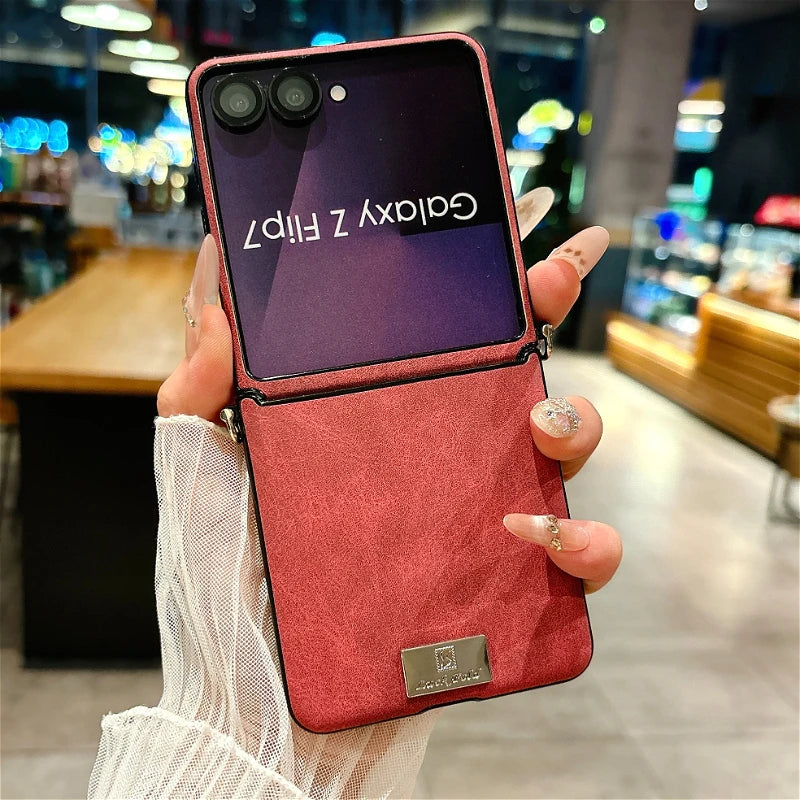 Luxury Sheepskin Leather Case with Nameplate For Samsung Galaxy Z Flip 7 6 5 4 3 5G ZFlip7 FE Fashion Back Cover With lanyard