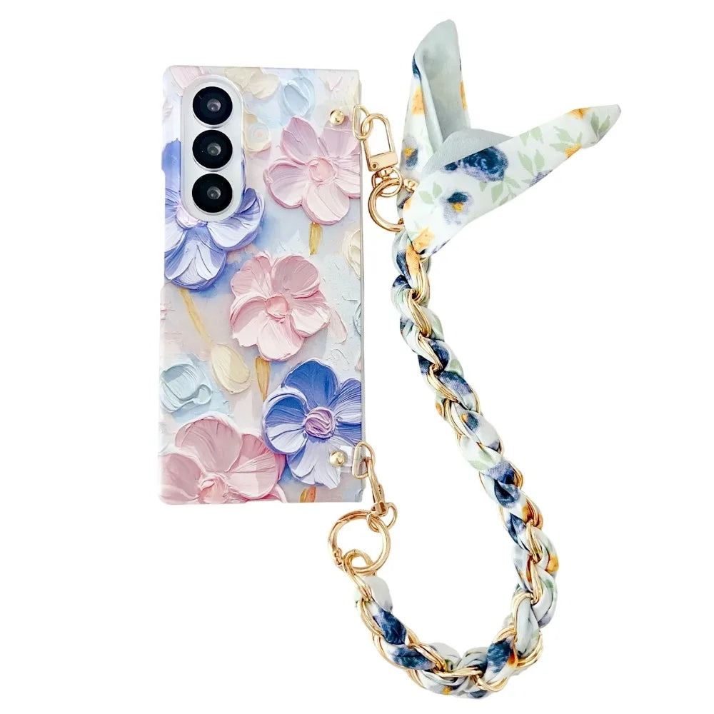 Classic Stylish Silk Wrist Strap Floating Flower Hard Phone Case for Samsung Galaxy Z Fold 7 5G 2025 Dopamine Protective Cover