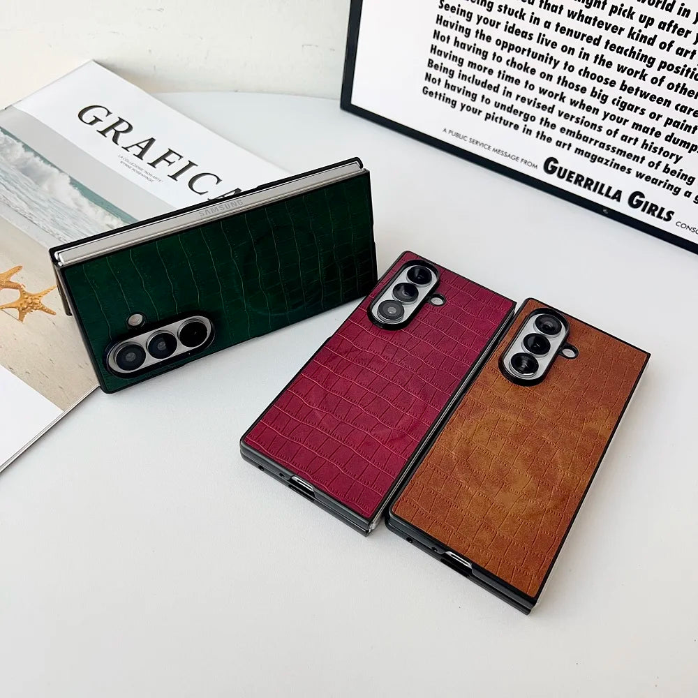 Solid Color Crocodile Pattern PU Leather Phone Case For Samsung Galaxy Z Fold 7 6 5 4 3 For Magnetic Charging Protection Cover