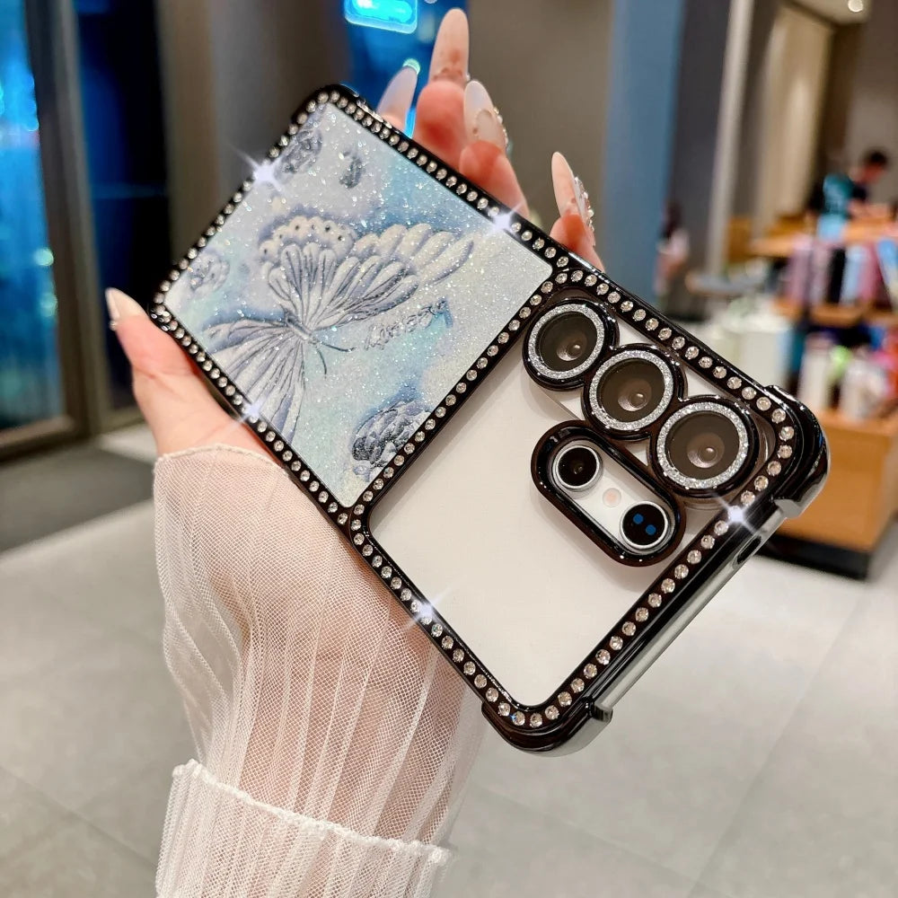 Bling Glitter Diamond Butterfly Phone Case For Samsung Galaxy S26 S25 S24 S23 S22 Ultra Lens Protection Plating Shockproof Cover