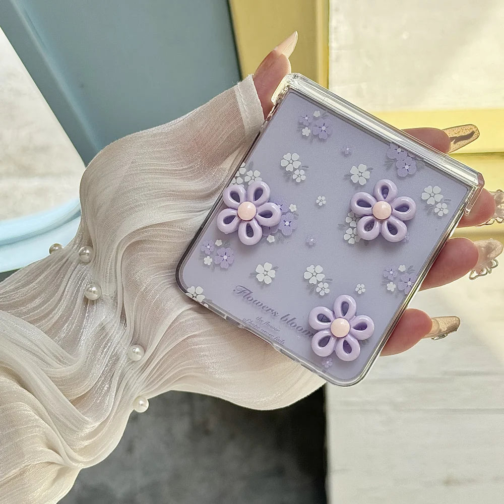 Hinge Protection 2in1 Lovely 3D Rotate Flower Phone Case For Samsung Galaxy Z Flip 7 6 5 4 3 7 FE Wrist Chain Shockproof Cover