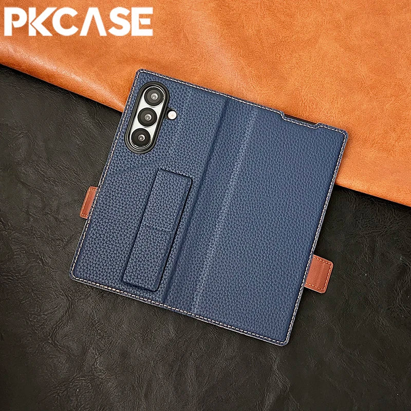 PKCASE Leather Magnetic Clasp Card Slot Wallet Phone Case For Samsung Galaxy Z Fold 7 6 5 4 3 Shockpoof Wristband Bracket Cover