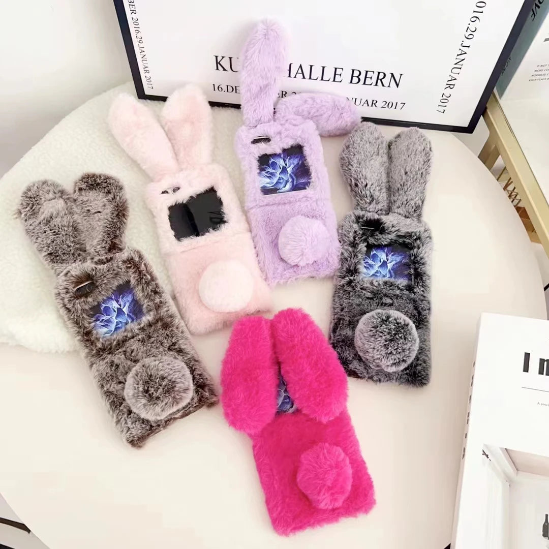 For Motorola Razr 50 Plus 40 Moto Razr40 Ultra 2023 2024 Luxury Cute Soft Fur Puff Rabbit Ear Phone Case Cover