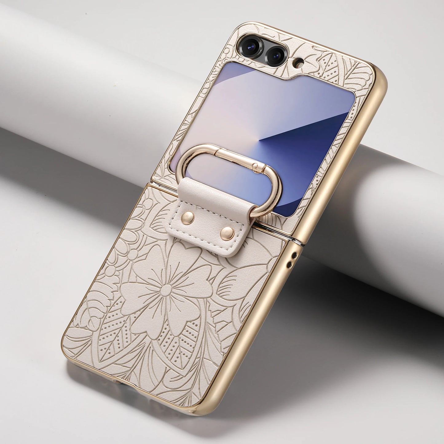 For Samsung Galaxy Z Flip 7 FE 6 5 4  Leather Embossed Flower Phone Case with Ring Buckle Electroplated Shockproof Cover