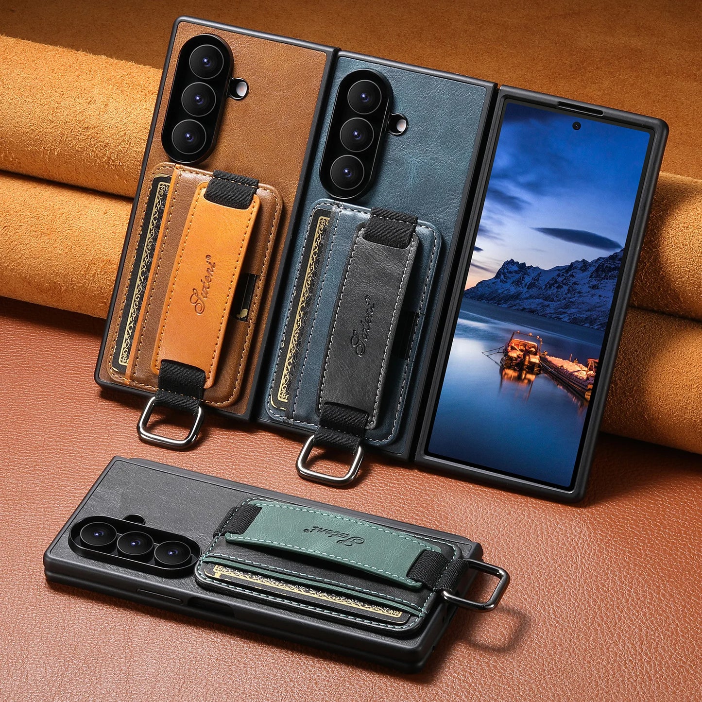 Oil Wax Leather Moblie Phone Case for Samsung Galaxy Z Fold 7 Fold6 5 Wrist Strap Ring Card Slot Wallet Holder Anti-fall Cover