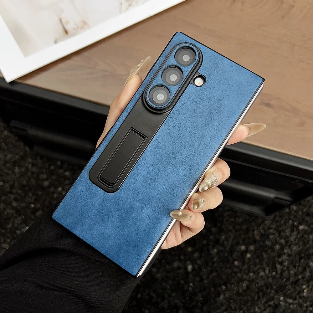 Z Fold7 5G Luxury Suede Pattern Phone Case For Samsung Galaxy Z Fold 7 6 5 4 3 Zfold6 Pu Leather Invisible Bracket Holder Cover
