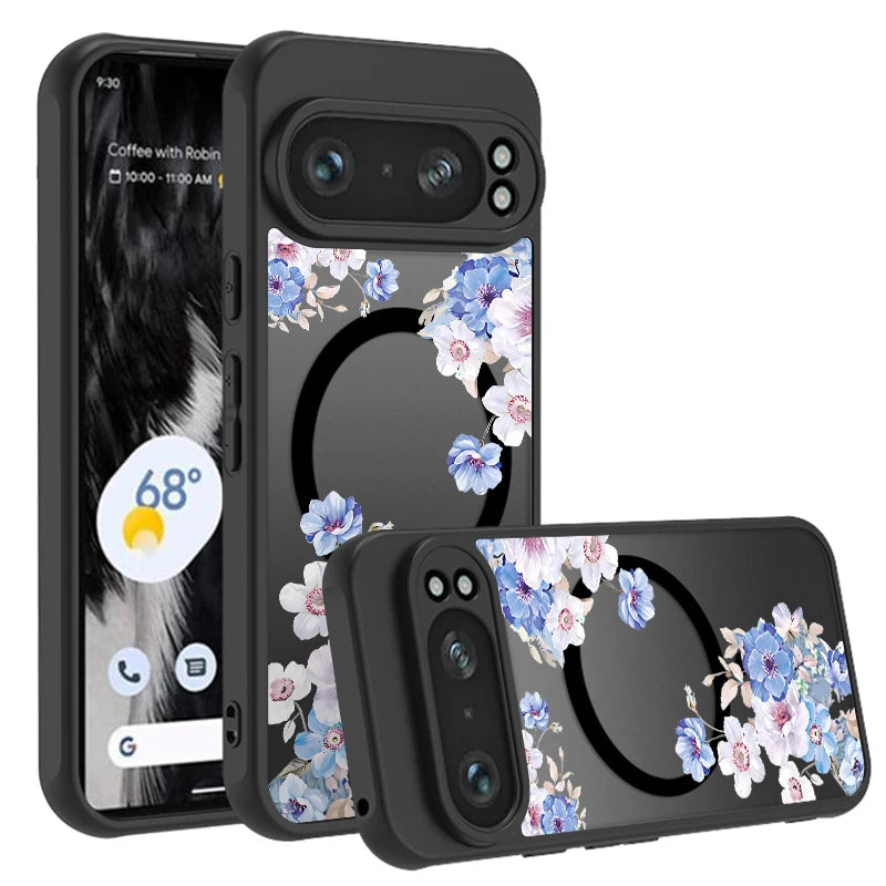 Matte Magnetic Case For Google Pixel 10 9 8 Pro 8A 9A Pixel 9 10 Pro XL For Magsafe Wireless Charging Purple Flowers Phone Cover