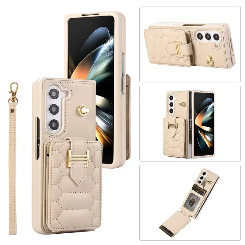 Crossbody Lanyard Leather Phone Case for Samsung Galaxy Z Fold 6 5 4 3 Fold6 Fold5 Fold4 Fold3 Wrist Rope Wallet Card Cover Etui