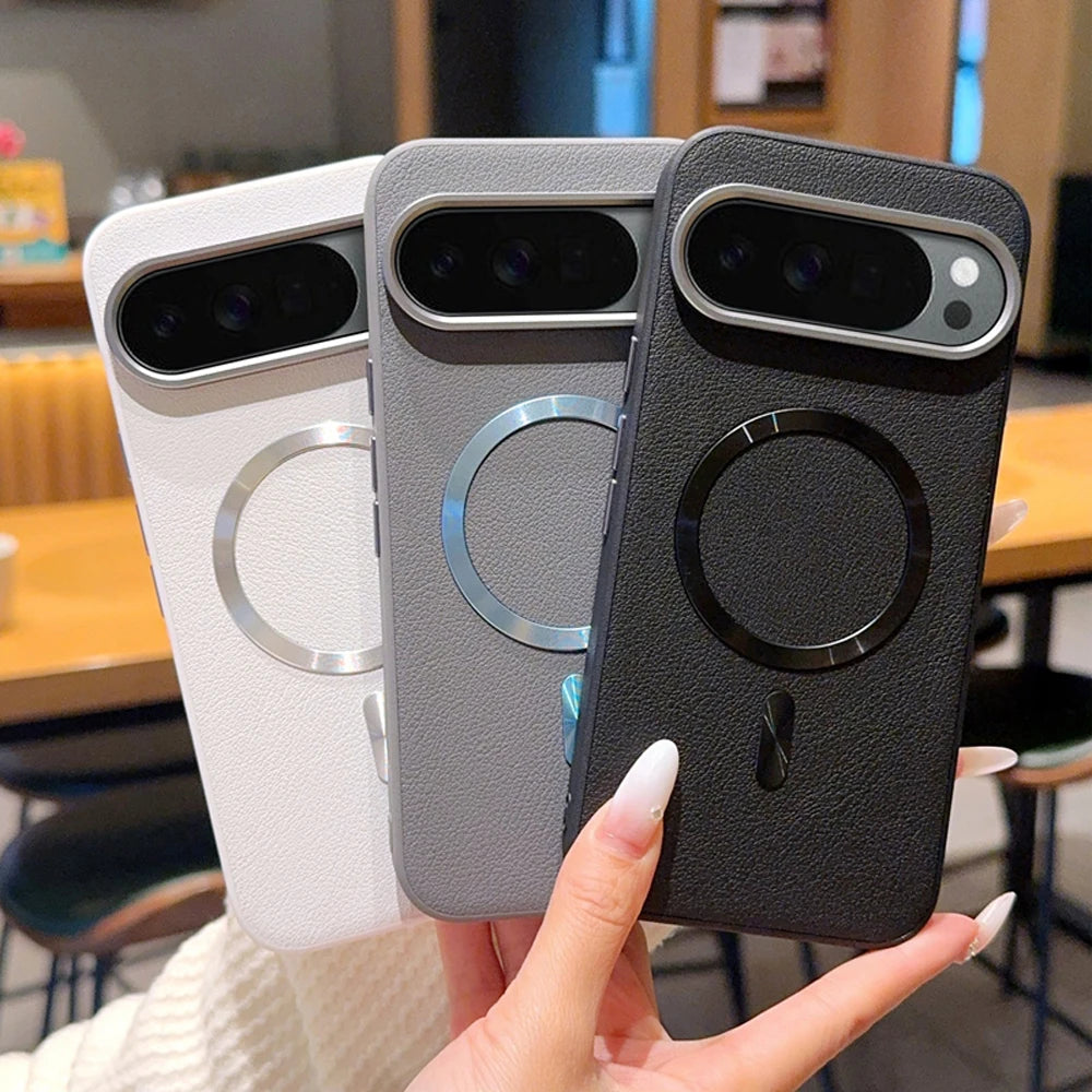 For Magsafe Magnetic Case For Google Pixel 10 Pro XL 10A Plating PU Leather Shockproof Bumper Protection Cover