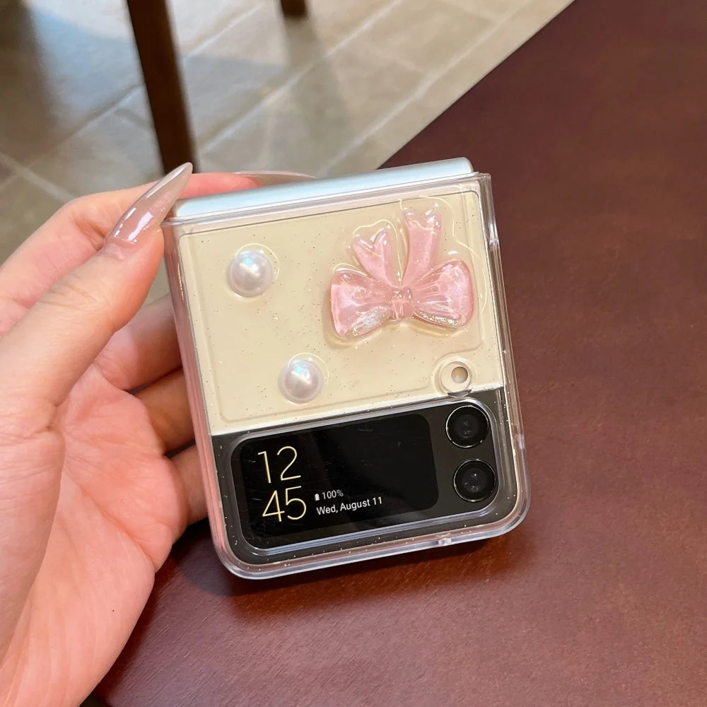 3D Pink Bow Glitter Transparent Phone Case for Samsung Galaxy Z Flip 8 7 6 5 7FE Pearl Clear Resin Cover for Samsung Z Flip 8