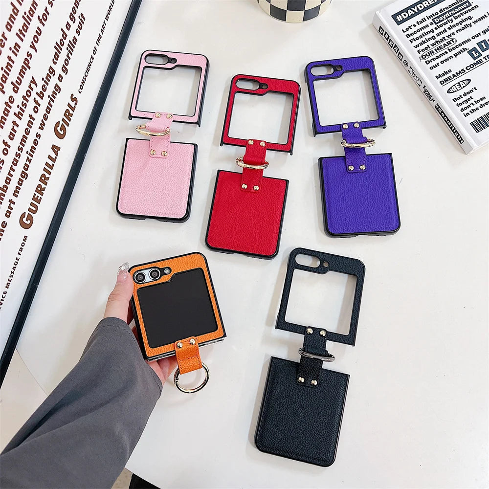 Original Leather Matte Litchi Phone Case For Samsung Galaxy Z Flip 6 5 4 3 Ring Stand Holder Shockproof Cover For Galaxy Flip 6