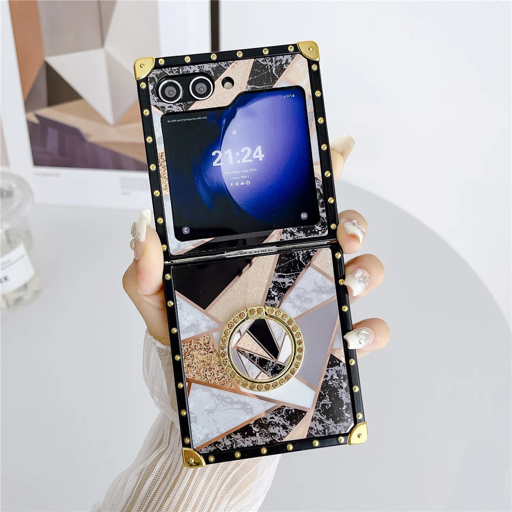 Luxury Glitter Shockproof Geometric Pattern Retro Women Phone Case for Samsung Galaxy Z Flip 7 Flip 6 Z Flip 5 Flip 4 Flip 3