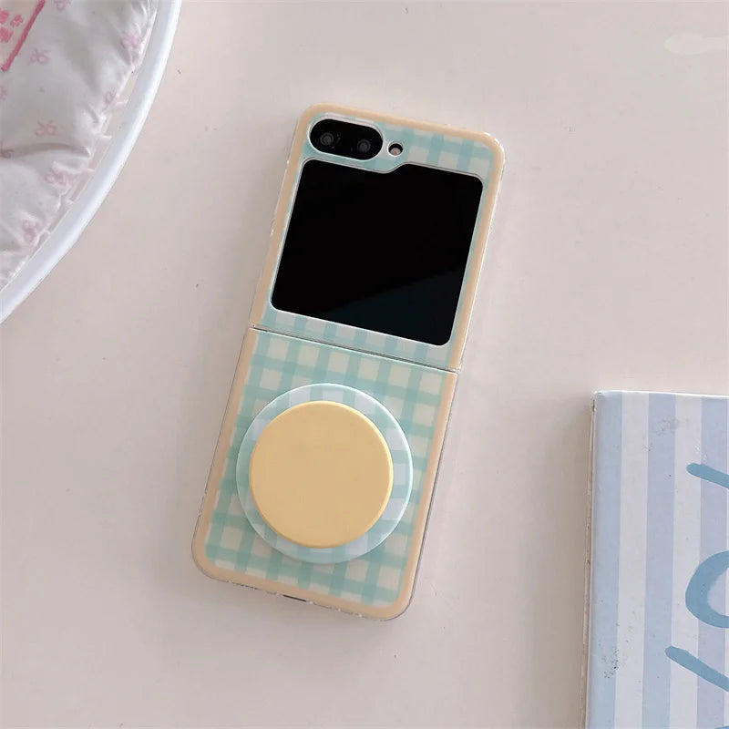 Korean Color Plaid Pattern Magnetic Phone Case For Samsung Galaxy Z Flip 7 6 5 4 Flip6 Flip7 Cover with Magsafe Stand Cases Capa