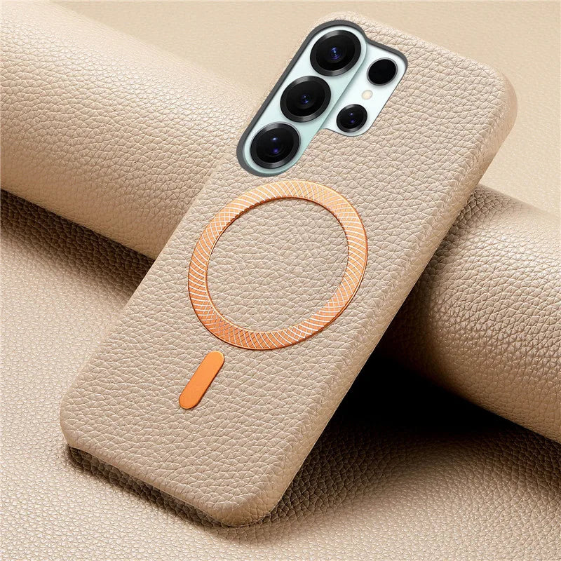 Luxury Leather Magnetic Attraction Case For Samsung Galaxy S25 S26 Ultra S21 S22 S23 S24 Plus Wireless Charging Anti-fall Cover
