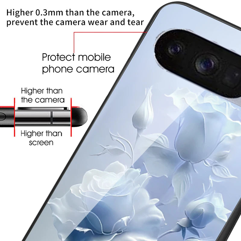 Hard Tempered Glass Case For Google Pixel 10 Pro XL Pixel 9 Protective Cover Flower Pattern Back Shell Fundas