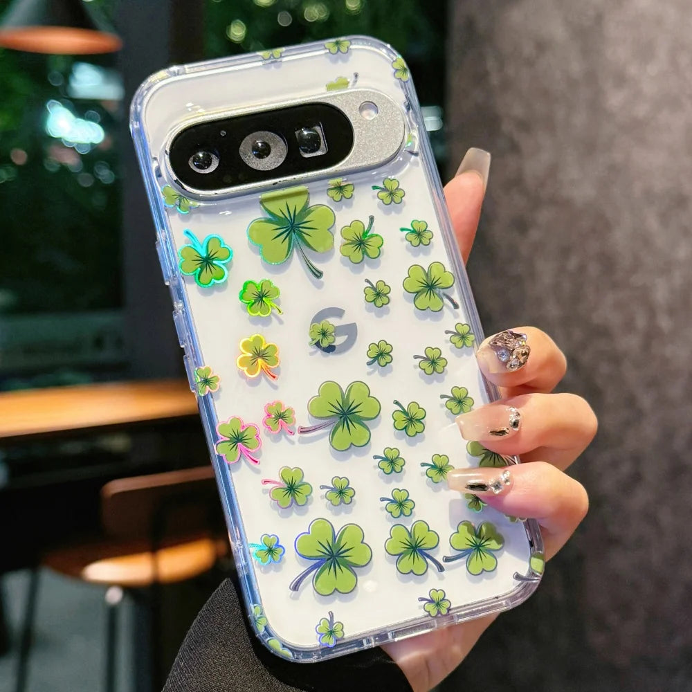 Laser Flower Reflective Phone Case For Google Pixel 10 10Pro XL 9 Pro XL 9A Transparent Floral Print TPU Shockproof Airbag Cover