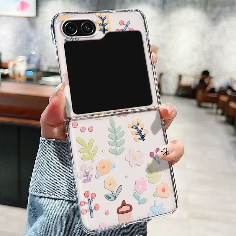 Ins Flower Transparent Phone Case For Samsung Galaxy Z Flip 6 7 ZFlip 5 Hard Clear Folding Cover for Samsung ZFlip 7FE 4 3 Shell