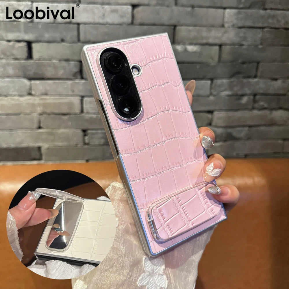 3D Crocodile Skin Pattern PU Phone Case For Samsung Galaxy Z Fold 7 6 5 4 3 Fold7 ins Y2K Invisible Makeup Mirror Bracket Cover