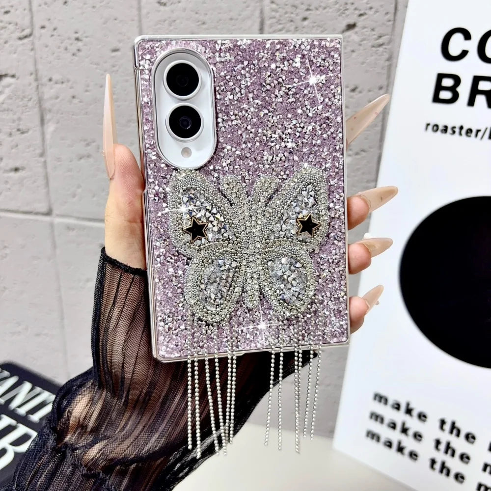 Electroplating Large Diamond Butterfly Tassel Phone Case for Samsung Z Fold 8 Ultra Z Fold 7 6 5 4 Z Flip 8 7 6 5 4 Wide Cover