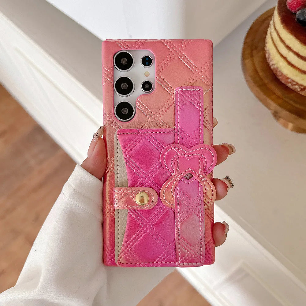 Glitter Dazzling Leather Slot Card Bag Holder Case For Samsung S24 S23 S22 S25 Ultra Luxury Lattice Love Heart Wrist Strap Cover