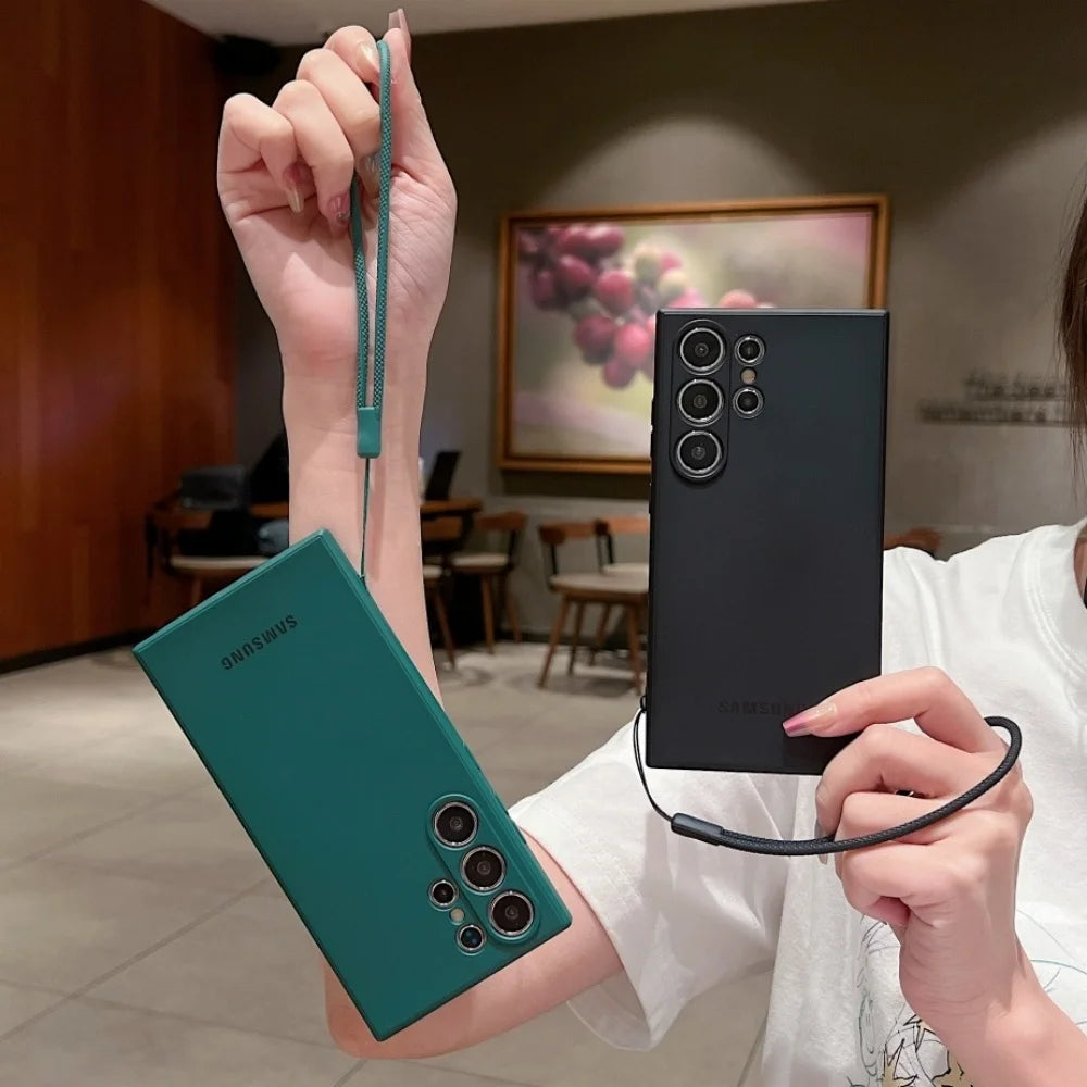 Original Liquid Silicone Wrist Strap Soft Case Samsung Galaxy S25 S24 Ultra S23 S22 Plus S21 FE Lens Protection Thickened Cover