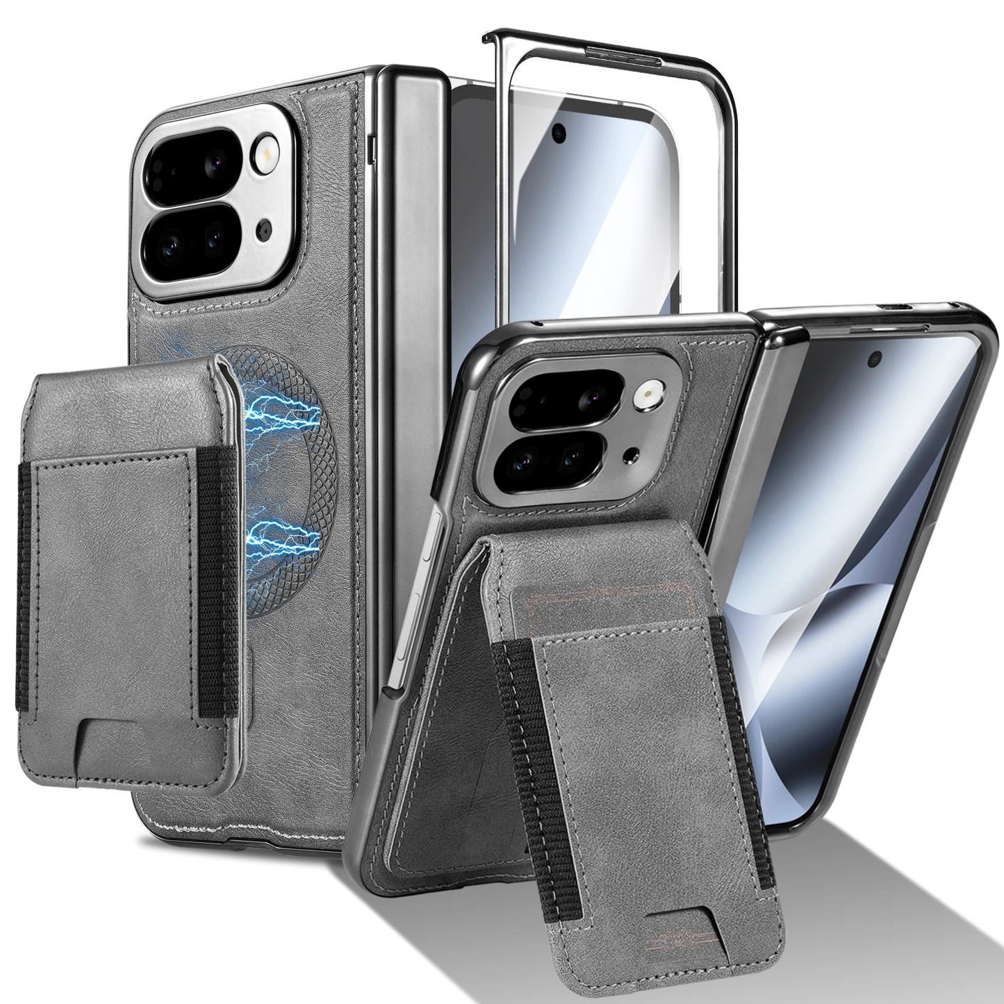 Leather stand protective strap and magnetic tempered glass screen protector phone case for Google Pixel 10 Pro Fold