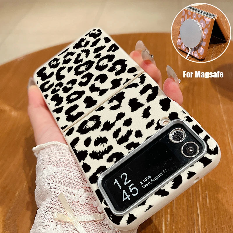 Leopard Pattern Magnetic Case For Magsafe For Samsung Galaxy Z Flip 6 5 4 3 Flip4 Flip5 Flip6 Leather Texture TPU Folding Cover