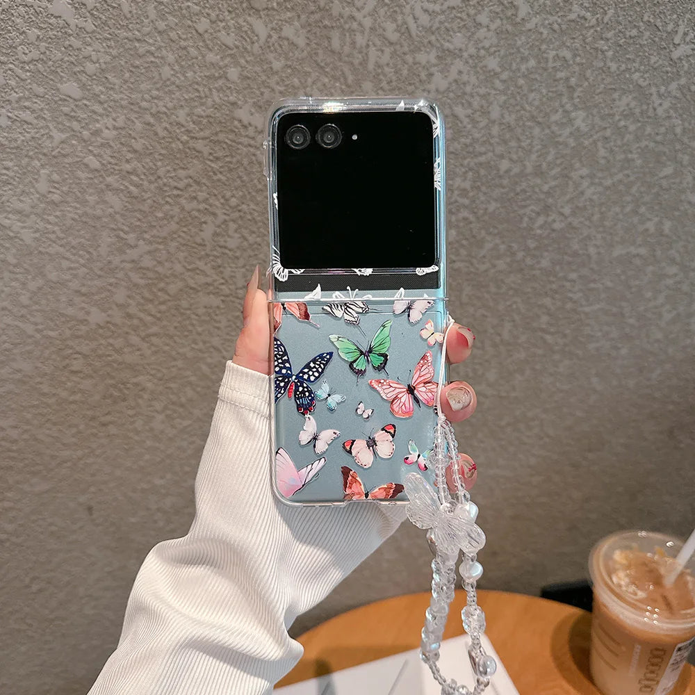 For Motorola Razr 40 50 60 Ultra 40U Case Butterfly Transparent Bracelet Folding Shockproof Protection Hard Cover Accessories