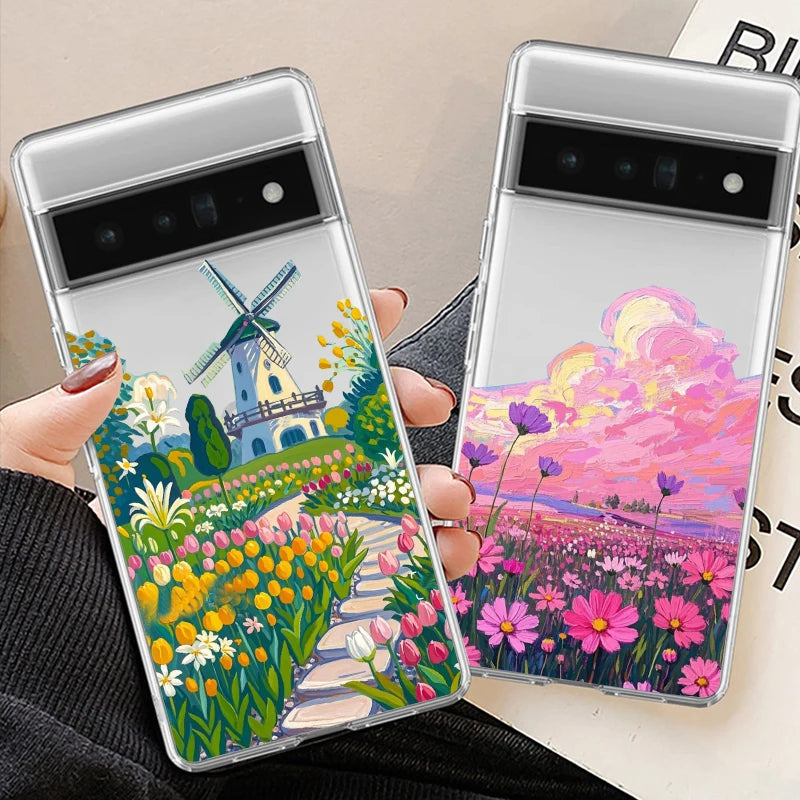 Coffe House Flower Landscape Phone Case For Google Pixel 9 Pro XL 10 8A 8 7 Pro 8 7 6A 5G Japan Anime Scenery Clear Soft Cover