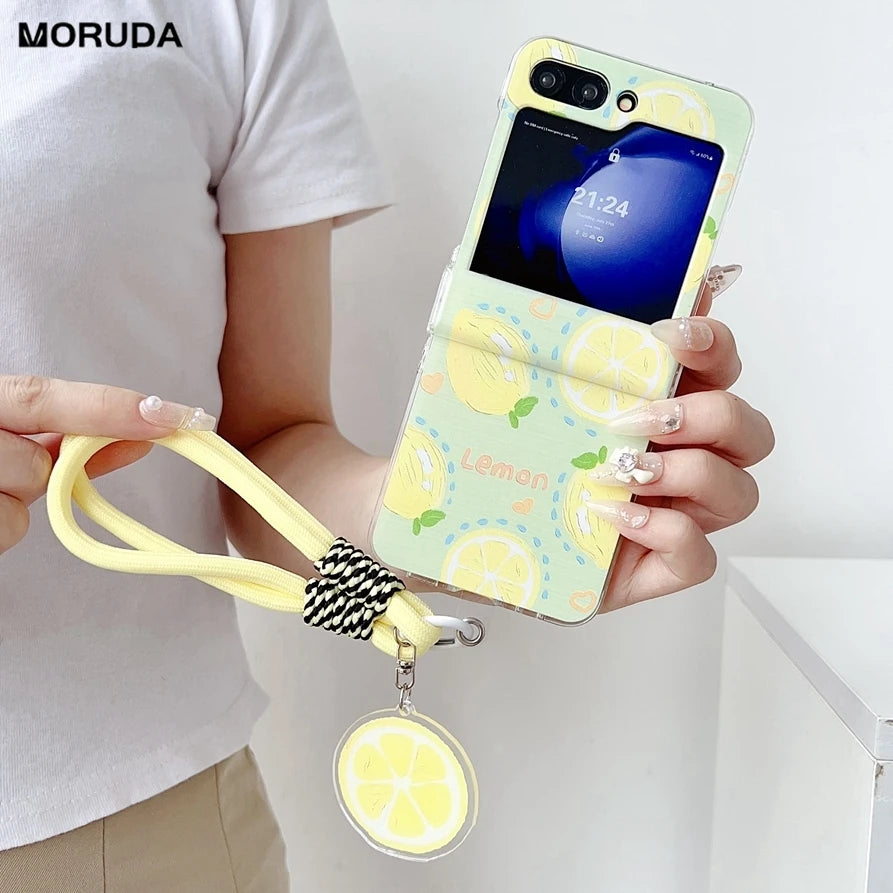 Cute Lemon Phone Cover For Samsung Z Flip 6 5 4 7 flip3 Wrist Chain Cases For Galaxy Z Flip 4 5 Hard Hinge Thin Protective Cover