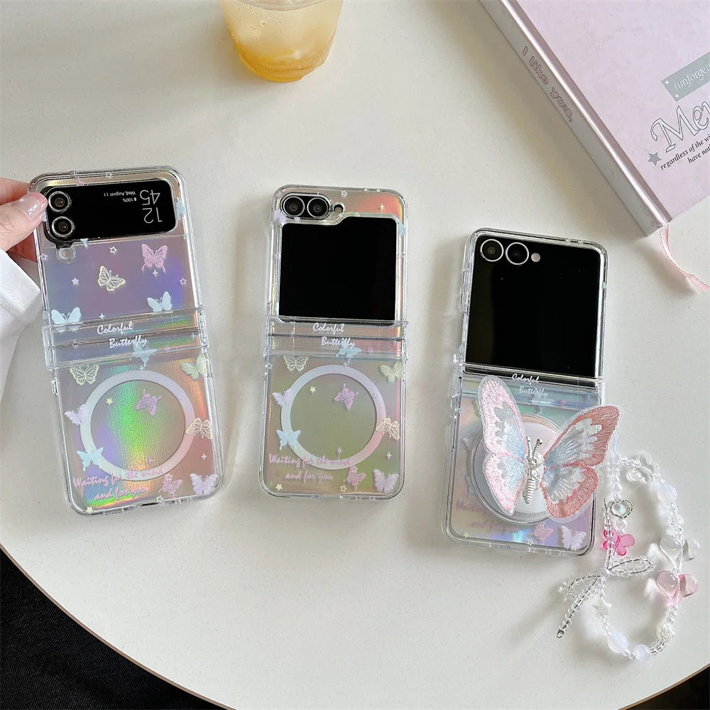 Korean Ins Cute Butterfly Magnetic Phone Case for Samsung Galaxy Z Flip6 7 FE Flip7 6 5 Flip5 4 3 Cover With Magsafe Stand Chain