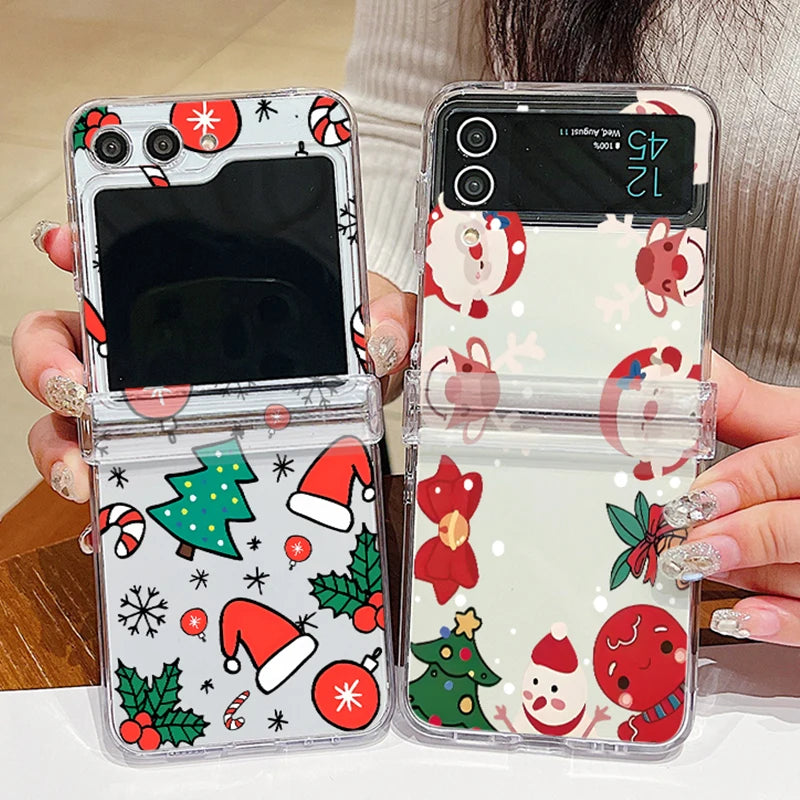 Christmas Print Transparent Phone Case For Samsung Galaxy Z Flip 7 FE 6 5 4 3 5G Folding Hard PC Cover For Samsung Z Flip7 Flip6
