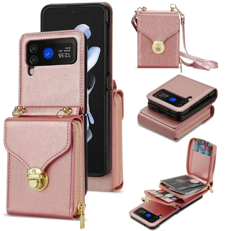 Lanyard Leather Zipper Wallet Card Slot Phone Case for Samsung Galaxy Z Flip 6 5 4 3 Lanyard Purse Bag Flip Stand Cover Back Bag