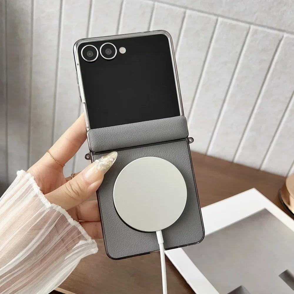 Luxury Plating for Magsafe Case for Samsung Galaxy Z Flip 7 Flip7 ZFlip7 PU Leather Magnetic 360 Hinge Protection Phone Cover
