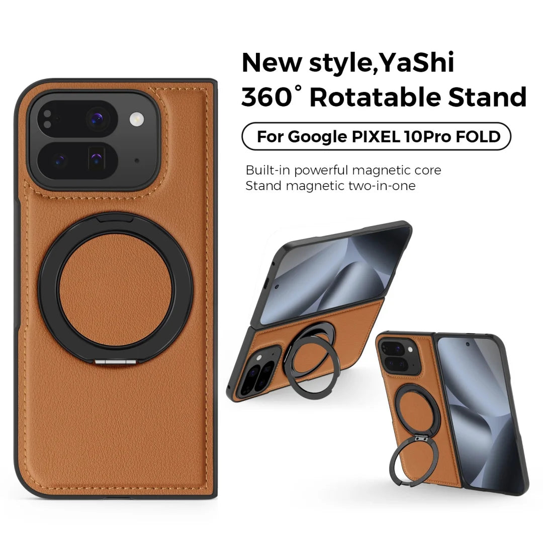 Embossed PU Leather Case For Google Pixel 10 Pro Fold Magnetic 360° Rotation Metal Stand Comfort Grip Case Cover
