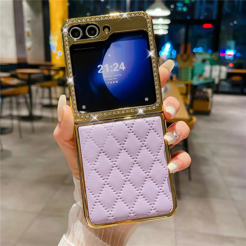 Luxury Bling Diamond Leather Plating Case For Samsung Galaxy Z Flip 6 Flip 5 Flip 3 4 Shockproof Cover Funda