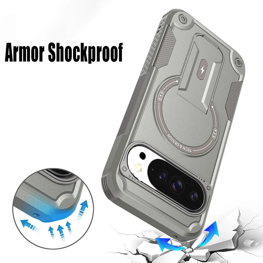 Rugged For Magsafe Fold Stand Holder Magnetic Case For Google Pixel 10 10Pro 9 9Pro Heavy Duty Armor Bumper Shockproof Cover