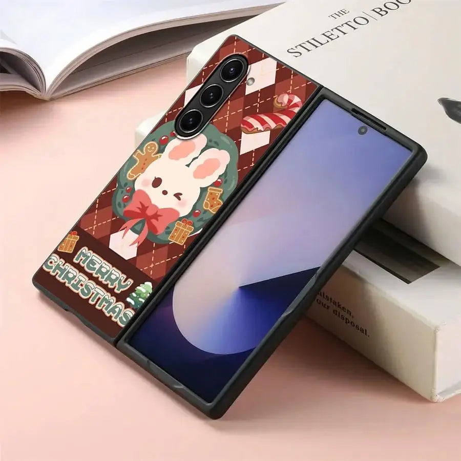 Back Phone Cover Case for Samsung Galaxy ZFold3 ZFold6 ZFold5 Z Fold 7 6 5 4 3 ZFold7 ZFold4 Christmas Cartoon Rabbit