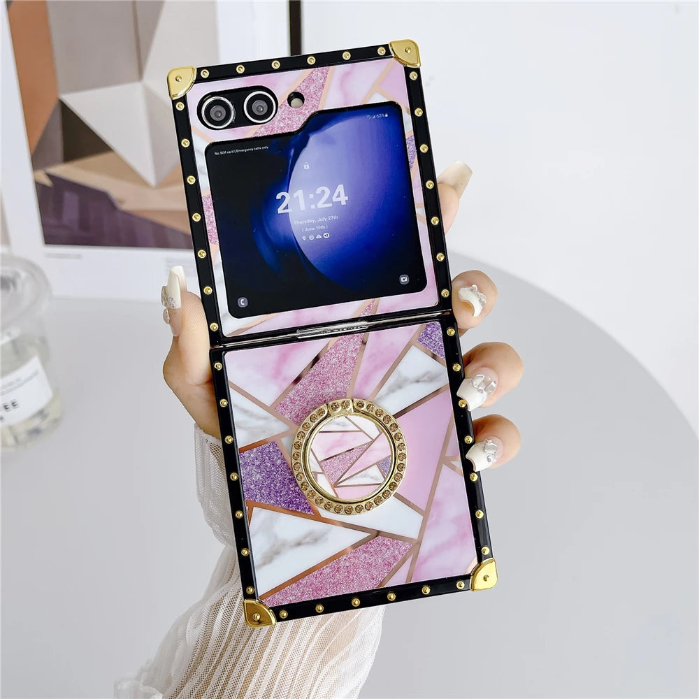 Luxury Glitter Shockproof Geometric Pattern Retro Women Phone Case for Samsung Galaxy Z Flip 7 Flip 6 Z Flip 5 Flip 4 Flip 3