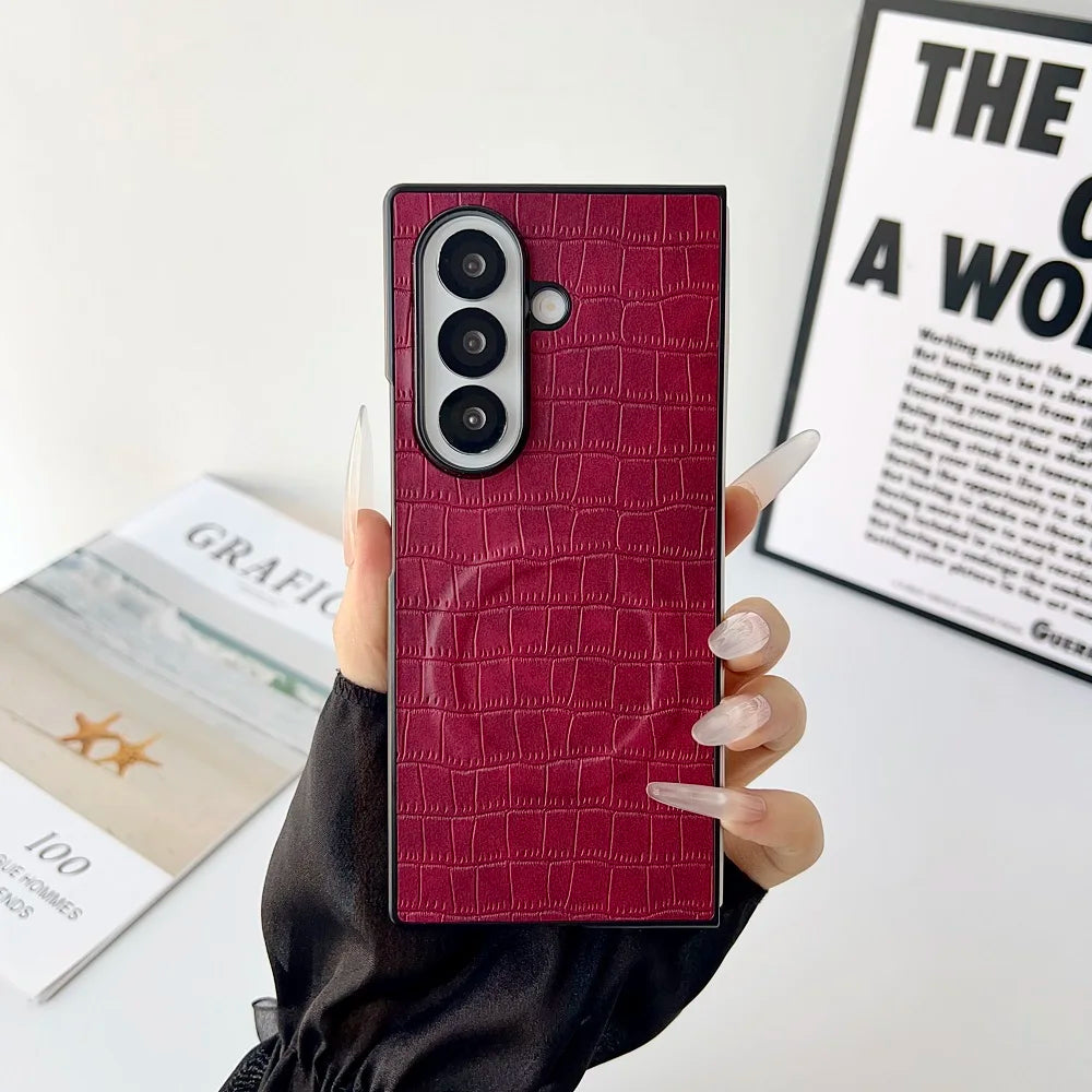 Solid Color Crocodile Pattern PU Leather Phone Case For Samsung Galaxy Z Fold 7 6 5 4 3 For Magnetic Charging Protection Cover