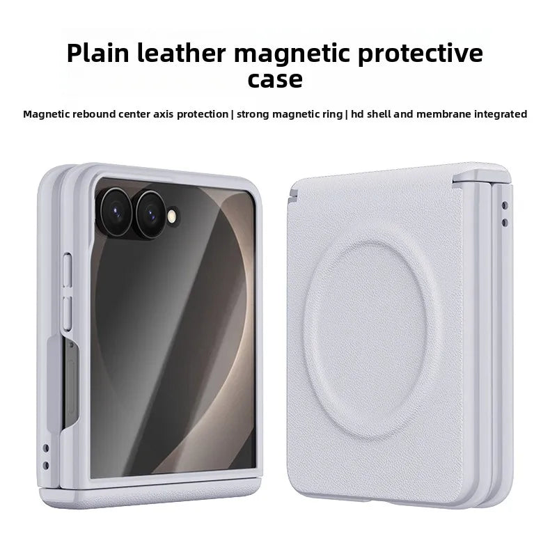 ‌Magnetic Skin Feel Vegan Leather Case‌ for Samsung Z Flip 8 Screen Protector Shockproof for Magsafe Slim Axis Protection Cover