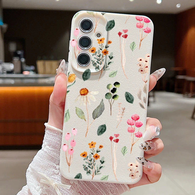 Small Flowers Leather Texture TPU Case For Samsung Galaxy A16 A55 A15 A54 A35 A25 A56 5G S24 FE S25 S23 S22 Ultra Phone Cover