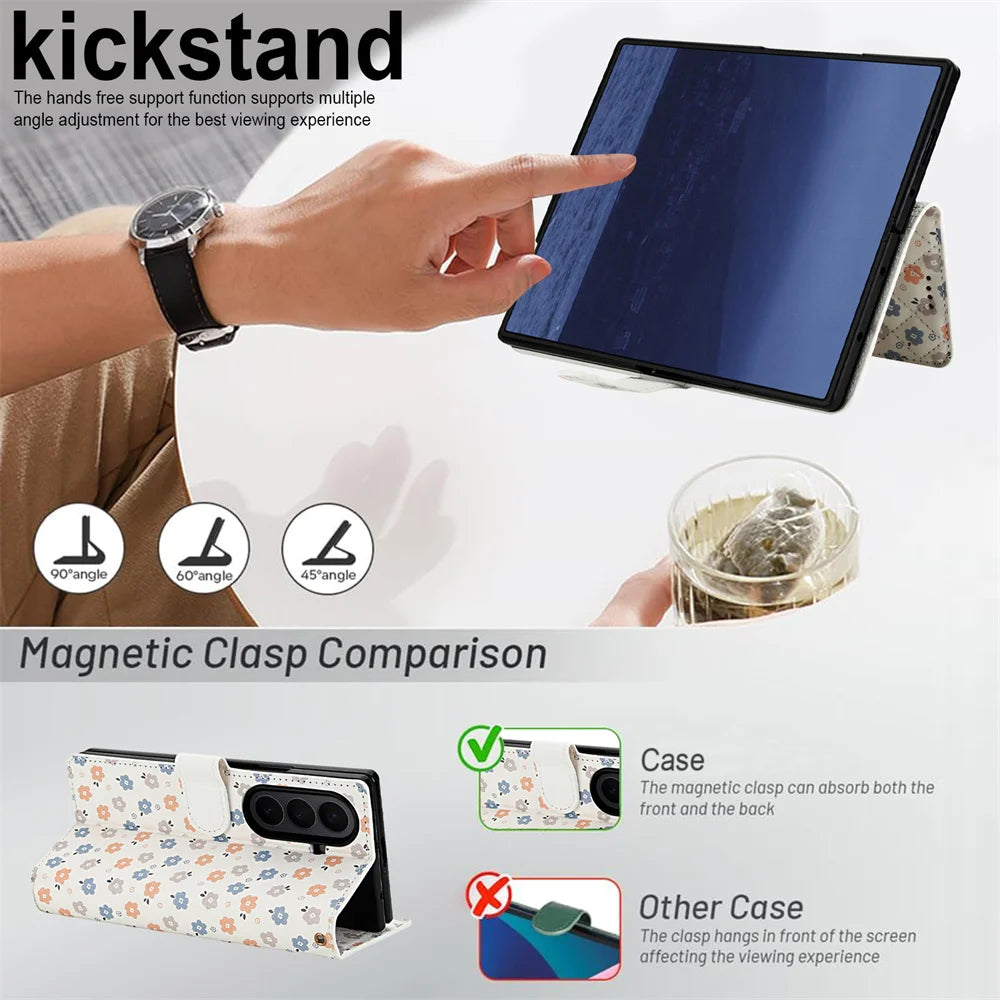 Luxury White Leather Colorful Flowers Wallet Flip Phone Case For Samsung Z Fold 7 6 5 4 5G Soft Wrist Strap Shockproof Cover