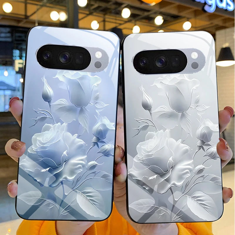 Hard Tempered Glass Case For Google Pixel 10 Pro XL Pixel 9 Protective Cover Flower Pattern Back Shell Fundas